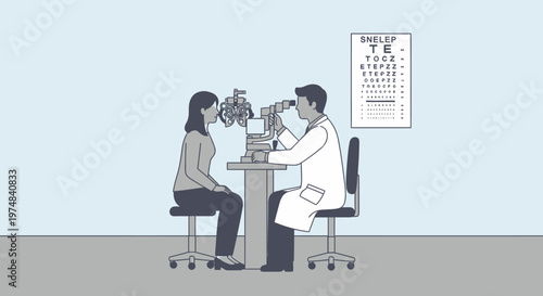 Ophthalmologist Conducting Eye Exam on Female Patient in Clinic, Vision Test with Eye Chart, Flat Illustration