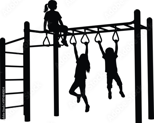 Children playing on monkey bars silhouette illustration, kids climbing and hanging on playground equipment, active childhood outdoor activity isolated on white background