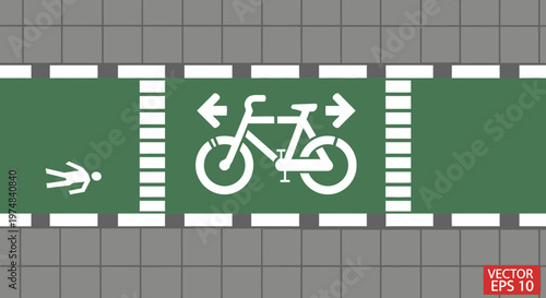 Green Bicycle Lane with Directional Arrows and Bike Symbol on Urban Road Grid Background