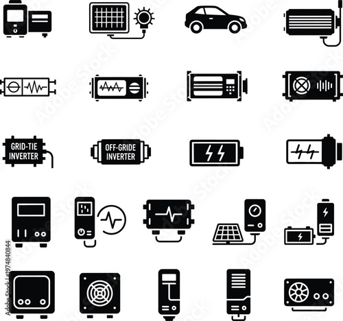 Renewable energy power inverter and battery storage system icons with inverter electrical electric