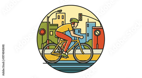 Person Cycling in Urban Cityscape with Buildings and Traffic Lights, Circular Flat Line Art