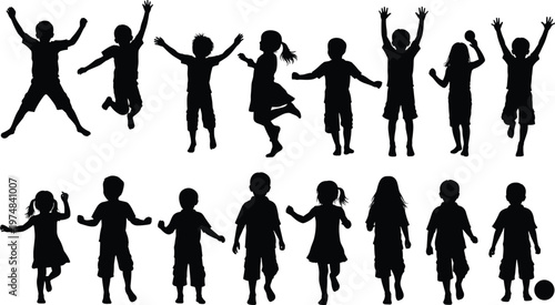Children silhouette collection showing jumping, dancing and playful poses, happy kids movement and activity set isolated on white background illustration
