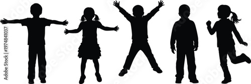 Children silhouette collection showing playful poses, jumping and standing kids with raised arms, childhood activity isolated on white background