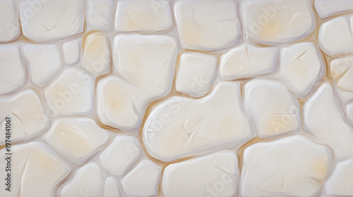 A textured wall of smooth, irregular stones in soft beige tones, creating a warm and organic feel.