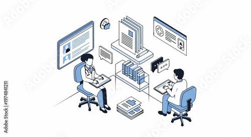 Isometric Illustration of Doctors Working with Digital Health Records and Online Consultations in a Modern Healthcare Clinic Environment