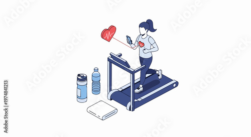 Isometric Illustration of a Woman Running on a Treadmill with Heart Rate Monitoring Smartphone App, Fitness Tracking and Digital Health Concept