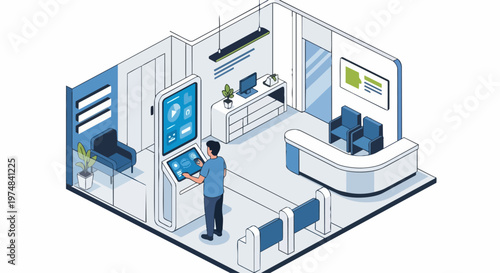 Isometric Illustration of a Modern Clinic Reception with a Digital Self-Service Kiosk and Patient Waiting Area
