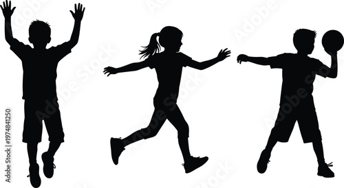Children silhouette showing jumping, running and ball playing activity, happy kids movement isolated on white background illustration