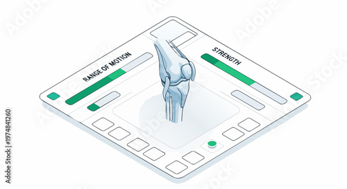 Isometric Medical Dashboard Illustration of Knee Joint Anatomy with Range of Motion and Strength Progress Bars for Rehabilitation and Healthcare Data Analysis