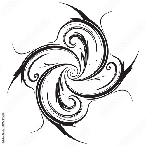 Black Abstract Swirl Design with Organic Flourishes on White