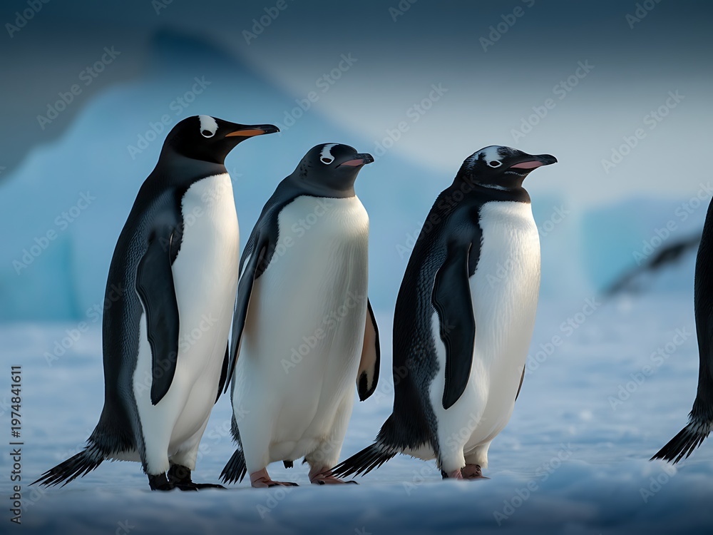 Fototapeta premium Three Adelie penguins standing on snowy terrain with icebergs in the background