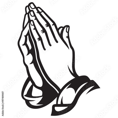 Praying Hands Black and White Outline Illustration