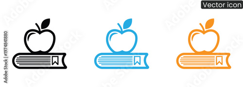Vector icons of apple on book on white background in black blue and orange
