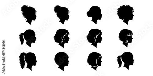 Woman profile silhouette set, female head side view icons, 12 vector girl avatars with different hairstyles, black hair fashion portraits