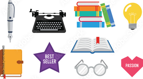 Creative Writing and Book Icons Featuring Pen, Typewriter, Books, Light Bulb, Best Seller, and Passion Symbols for Authors and Writers