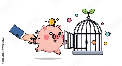 Hand pulling a happy piggy bank with a coin on top towards an open birdcage symbolizing financial freedom