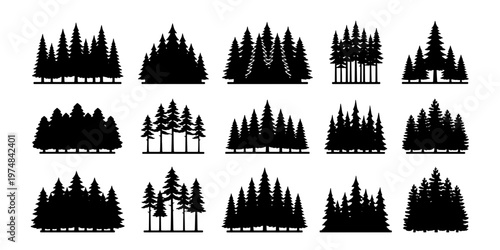 Black pine forest silhouettes, set of 15 evergreen tree clusters, minimalist coniferous woodland vector icons for outdoor branding and landscape design