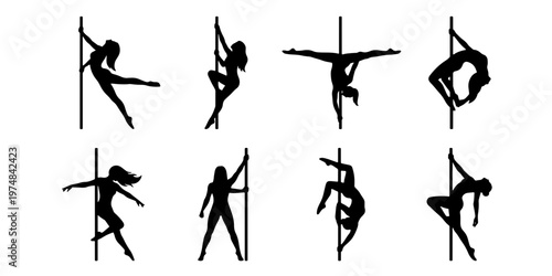 Pole dance silhouette collection, 8 athletic female dancer icons, professional striptease and fitness poses, black vector graphics on white background