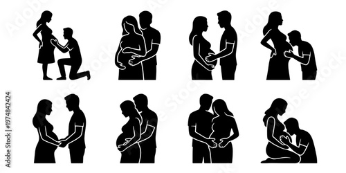 Pregnant woman and husband silhouette set, 8 icons of expecting couple in romantic poses, maternity and parenthood vector illustrations for family design