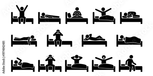 Stick figure sleeping icons set, black silhouette people in bed vector, morning routine and insomnia pictograms, 14 human poses for rest and health