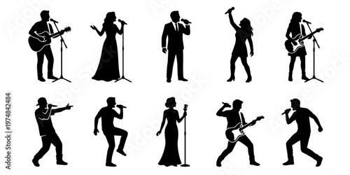 Singer silhouettes collection with 10 music performers, vocalists and musicians with microphones and guitars, black vector icons for concert posters