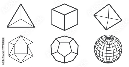 Fotografía Minimalist black line art six basic geometric shapes including tetrahedron, cube