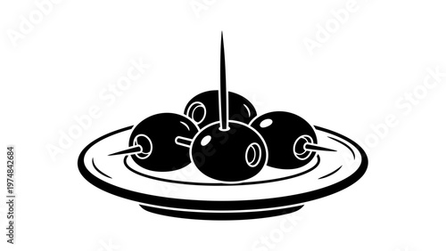 Black Olives on Plate with Toothpick.