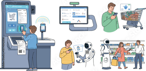 Modern Smart Retail Technology Illustration Set Featuring Self Checkout Kiosk Mobile Payment AI Robot Assistant and Digital Shopping Experience Concepts