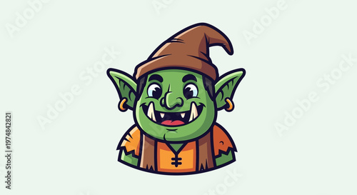 Smiling Green Elf Cartoon Character.
