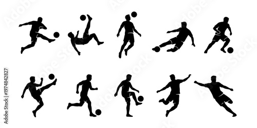 Soccer player silhouettes set, professional football athletes in action poses, 10 vector elements of soccer players kicking and dribbling balls