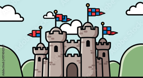 Cartoon Castle with Flags.