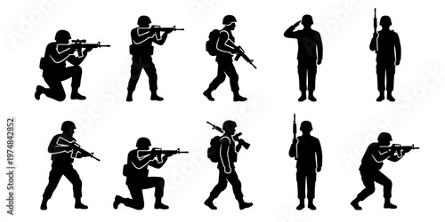 Military soldier silhouettes set, 10 army infantry vector icons, tactical combat poses with rifles and gear, black war fighter figures for gaming and news