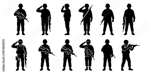 Military soldier silhouettes set, 12 army infantry vector elements, armed forces personnel saluting and holding rifles, black tactical warrior icons