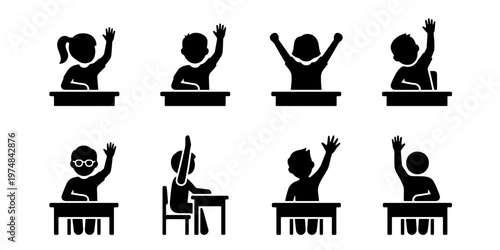 School students raising hands in classroom, set of 8 black silhouette icons of children sitting at desks, elementary education and learning vector