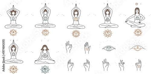 Yoga Meditation Poses and Chakra Symbols Set with Hand Mudras Spiritual Wellness Line Art Collection Vector Illustration