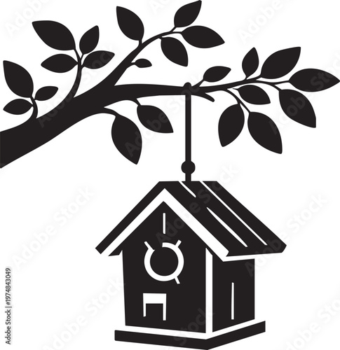 Black and white birdhouse hanging from a tree branch with leaves