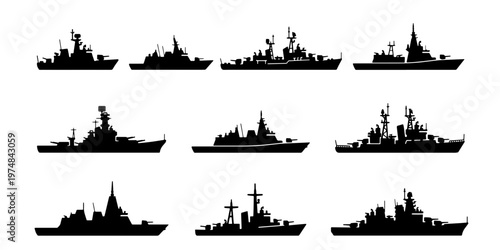 Military warship silhouettes set, collection of 10 navy vessel icons, black battleship and destroyer vector shapes for marine defense and naval history