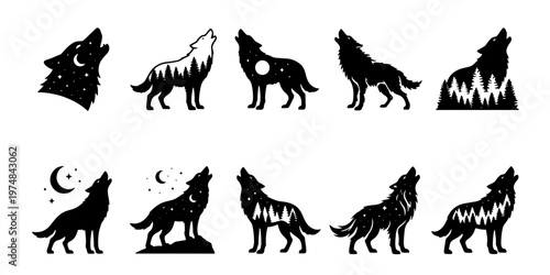 Howling wolf silhouette collection, 10 celestial wolf icons with forest and moon details, black and white wildlife vector set for logos and tattoos