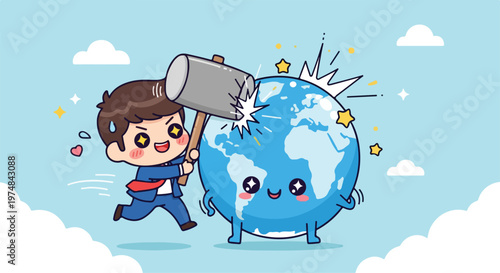 Cute cartoon businessman in a suit smashing the Earth with a large hammer in a whimsical illustration