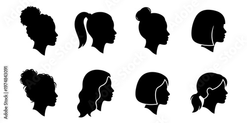 Woman profile silhouette set with 8 diverse hairstyles, female head side view icons, black hair salon vector elements for beauty branding