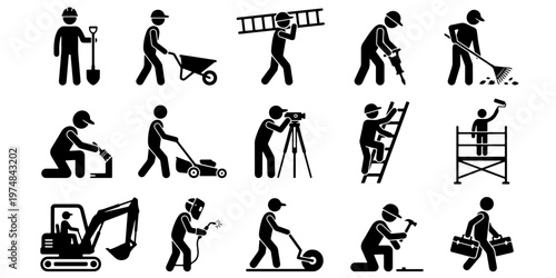 Construction worker icons set, manual labor stick figure pictograms, industrial builder and contractor characters, 15 black vector silhouettes