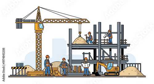 Construction Site with Crane and Workers.