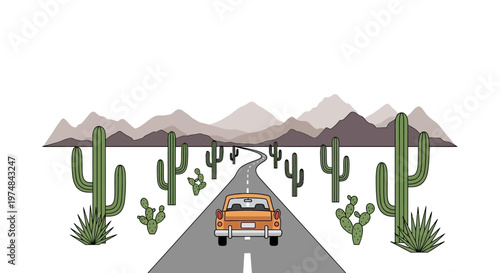 Car Drives Down Desert Road.