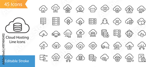 Cloud hosting line icons set, modern outline vector collection for data storage, server network, cybersecurity, database, scalable technology concepts