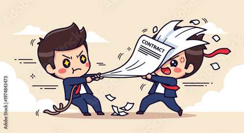 Two cartoon businessmen in a tug-of-war over a contract document, symbolizing business dispute and disagreement
