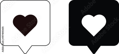 This digital communication icon features a heart in a chat bubble for social media engagement, online dating applications, customer support feedback, and brand loyalty programs.