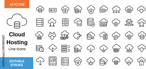 Cloud hosting line icons set, modern data storage and server network vector collection, cloud computing technology symbols, minimal digital interface design