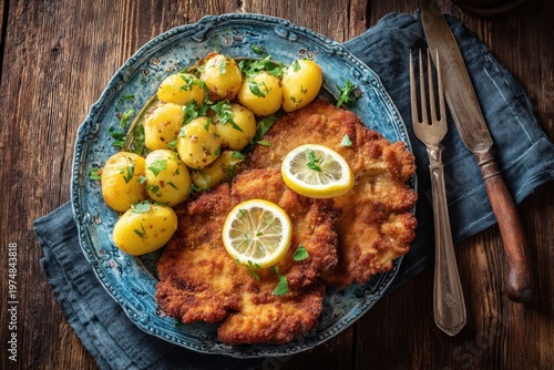 Traditional Wiener schnitzel with potatoes and fresh lemon