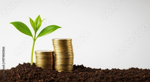 Lush green sprout grows next to a sizable stack of gold coins resting on fertile soil, symbolizing financial growth and sustainable success, achievement, fresh, future