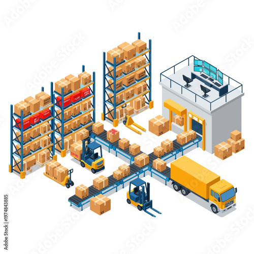 Isometric Warehouse Scene with Forklifts and Conveyor Belts.